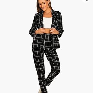 SheIn Women's Two Piece Plaid Open Front Long Sleeve Blazer and Elastic Waist Pa